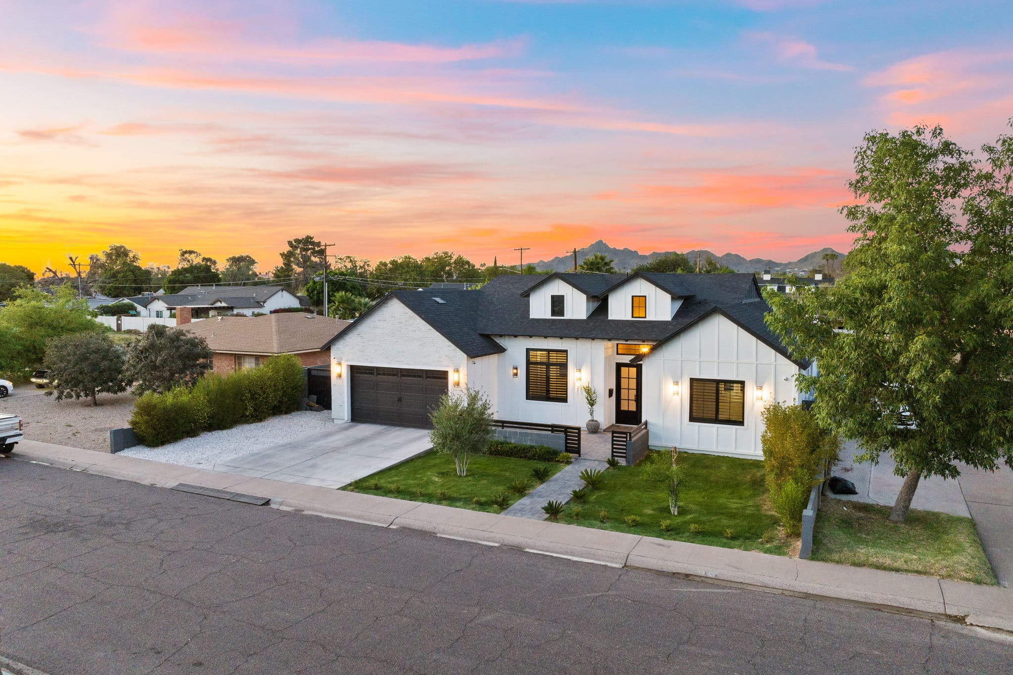 Aerial view of a residential property at sunset